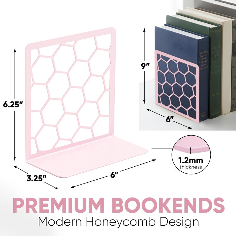 GEOMOD Geometric Honeycomb Pink Metal Bookends Decorative - Tall Sturdy Book Ends for Shelves - Modern Heavy Duty Bookend Stopper - Office or Home Book Shelf Book Holder - 6x3.25x6.25 Inches - 1 Pair - Image 3